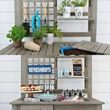 The potting bench is a convenient space to store and organize all your gardening essentials. Farmhouse Potting Bench Outdoor Entertaining Refresh Restyle
