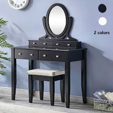 Makeup dressing table with 5 drawer mirror bulb vanity set with lighted mirror cushioned stool home wedding decoration gift 2021. Luxes Dressing Table Oval Mirror Bedroom Makeup Desk With 4 Big Drawers Black Buy Online In Qatar At Qatar Desertcart Com Productid 151777896