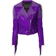 Hand Crafted Women Classical Genuine Leather Jacket Spiked Silver Studded Front Zipper Purple Leather Jacket Spiked Leather Jacket Fringe Leather Jacket