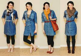 Our Storybook Modest Frugal Fashion One Outfit Four Seasons Denim Dress Winter Dresses With Leggings Winter Dress Outfits