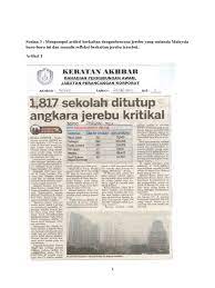 Keratan akhbar tentang pencemaran udara. Artikel Bencana Jerebu