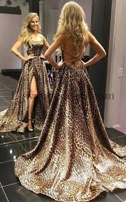 Animal Leopard Print Spaghetti Strap Sweep Train Dress Leopard Print Prom Dresses Printed Prom Dresses Spaghetti Strap Prom Dress