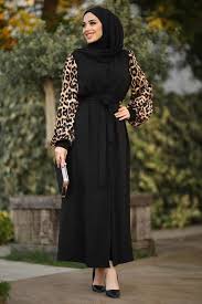 Neva Style Kollari Leopar Detayli Siyah Tesettur Abaya 9133s Tesetturisland Com Abaya Modasi Abaya Tarzi Elbiseler