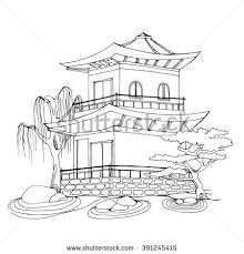 Buddhist Temple Chinese House Tibetan Temple Building With Trees Black And White Drawing By Hand Line Art Temple Drawing Buddhism Art Diy Canvas Art