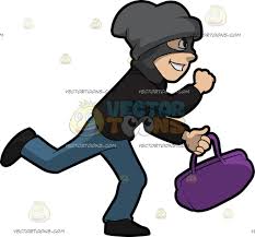 a robber running away with a stolen bag blue pants robber mask bags