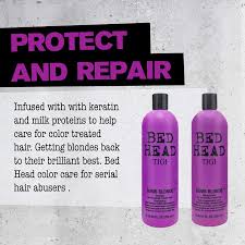 A tone correcting shampoo for blonde hair. Amazon Com Tigi Bed Head Dumb Blonde Shampoo And Reconstructor Conditioner Duo 25 36oz Each Shampoo And Conditioner Sets Beauty