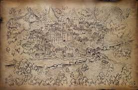 Global world with a pencil drawing of a world map in a magnifying glass. Hand Drawn Medieval Town Map Thomas Schmall