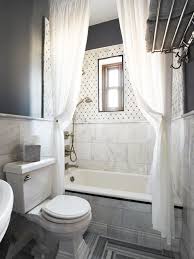 Traditional Bathroom Design With White Shower Curtain And Marble Tile Floor And Backsplash Gray Shower Curtains Bathroom Shower Curtains Long Shower Curtains