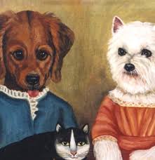 Contemporary Folk Art Portrait of Dogs with Cat After Nancy Weinberg