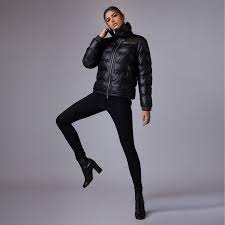 Leather Puffer Jacket In Black In 2020 Leather Women Puffer Jackets High Rise Skinny Jeans