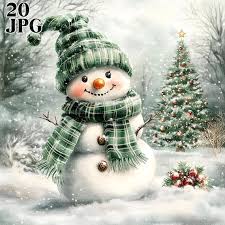 Bonhomme de neige en vert, lot de 20 images JPG aquarelles haute r&eacute;solution  pour le scrapbooking, le scrapbooking, la fabrication de cartes, l'hiver -  Etsy France