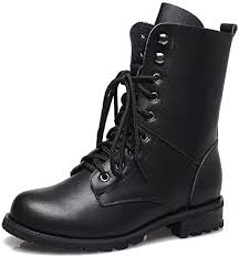 Amazon Com Women Combat Boots Military Boots Faux Leather Lace Up Mid Calf Boots Army Boots Black Punk Shoes Chunky Mid Calf