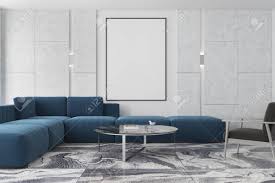 An orange and aqua blue vintage rug sits on white and gray marble floor tiles in front of a gray washstand accented with polished nickel pulls and a marble countertop. Modern Living Room Interior With A Gray Marble Floor Gray And Stock Photo Picture And Royalty Free Image Image 93277450