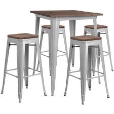 Anchor your dining space in contemporary style with this pub table set. Flash Furniture 31 5 Square Silver Metal Bar Table Set With Wood Top And 4 Backless Stools Ch Wd Tbch 6 Gg