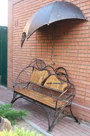 Wood And Decorative Iron Outside Bench With Metal Overhang For Protection Outsidefurniture Wrought Iron Bench Iron Bench Outside Benches