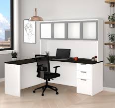 What is an l shaped computer desk? 71 X 63 White Deep Gray L Shaped Desk Hutch By Bestar Officedesk Com