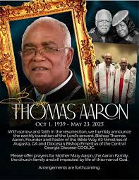 With heavy hearts, we share the passing of Bishop Thomas Aaron, cherished  uncle of our esteemed leader, Pastor Charles Prescott. During this time of  sorrow, we ask that you uplift his family