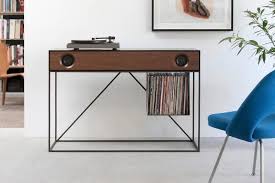 Stereo Console Table Jet Black Cabinet With Walnut Front With Turntable Package Stereo Console Wood Media Console Furniture