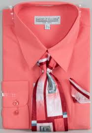 Men S Coral Dress Shirt With Poly Necktie And Hanky Set Shirt Dress Shirts Long Sleeve Shirts