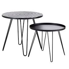 Gymax coffee table console table with storage shelf and metal frame wood look grey. Patterned Tile And Black Metal Garden Coffee Tables X2 Carioca Maisons Du Monde