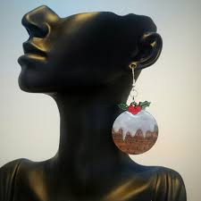 Christmas Pudding Earrings With Sparkling White Glitter Icing