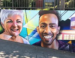 Here's the final first mural installment at @fremontmews! Featuring local  DJ @iamtldstr, activist @bindarsingh, artist Pat Orner, and famous museum  @crockerart. Latex and spray. Paint from Sacramento's local @acehardware  and @leaveyourmark. Starting