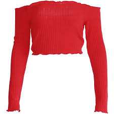 Red Off Shoulder Frill Trim Long Sleeve Ribbed Crop Top 226 855 Vnd Liked On Polyvore Featuring Tops Ru Crop Top Outfits Top Outfits Red Long Sleeve Shirt