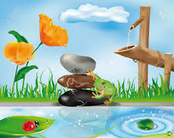 Water flows through the frog's mouth and into the bowl. Zen Scene With Bamboo Fountain Frog On Stones And Ladybug On Royalty Free Cliparts Vectors And Stock Illustration Image 14164183