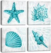 Check spelling or type a new query. Buy Bathroom Wall Decor Teal Watercolor Starfish And Seashell Conch Wall Art Sea Creatures Pictures Ocean Theme Canvas Prints For Bedroom Home Artwork Decor Paintings Framed Set 4 Panels 12 X 12