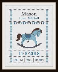 It can be personalized with baby's name and date of birth, a full alphabet and numbers chart is included with your purchase. Cross Stitch Baby Birth Sampler Birth Announcement Rocking Horse By Happinesst Baby Cross Stitch Cross Stitch Baby Cross Stitch Baby Embroidery
