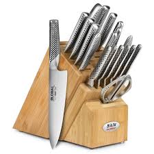 9cm paring knife, 14cm boning knife, 15cm cook's knife, 20cm carving knife, 20cm bread knife. Global Bamboo Knife Block Set 20 Piece Cutlery And More