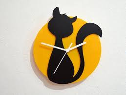 Black And Yellow Cartoon Cartoon Cat Black Yellow Silhouette Wall Clock Saatler Seramik Kedi