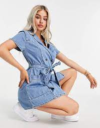 Asos Design Petite Denim Double Breasted Shirt Dress In Midwash Blue Asos