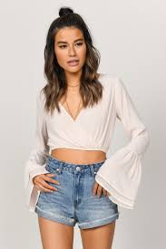 Trendy Blush Pink Crop Top Surplice Crop Top Flare Sleeves Crop Top Tobi