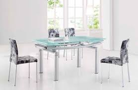Extendable Frosted Glass Top Fabric Seats Modern Dining Set With Leaf Glass Dining Table Designs Dining Sets Modern Glass Dining Table Set