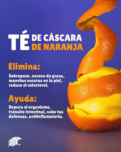 El té de cáscara de naranja es una bebida natural hecha al hervir la cáscara  de naranjas. Ofrece varios beneficios: Digestión: Ayuda a mejorar la  digestión y aliviar el malestar estomacal. Antioxidantes: