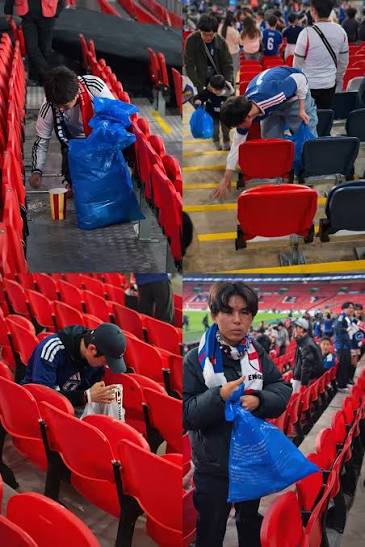 कैमरे के लेंस से Japanese spectators sent a message to the world by cleaning the stadium.
