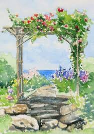 Pergola In Bloom Maine Garden Painting Downeast Watercolors Garden Painting Garden Watercolor Watercolor Illustration