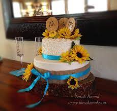 Turquoise Teal Burlap And Sunflower Wedding Cake Buttercream Finish With Little Heart Like Sw Sunflower Wedding Cake Burlap Wedding Cake Wedding Cake Table