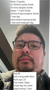 Day 96 (new format!- it's all video now, but incorporating my fitness  slide), Just a long walk! 4km,, Push ups: 23, First meal: 10pm, Cheat day  for carbs, Sleep timing 11pm, Thought of the day: ...