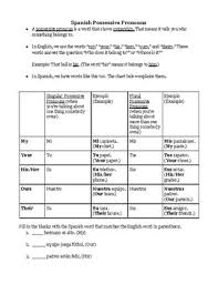 Spanish Possessive Pronouns Worksheets Teaching Resources