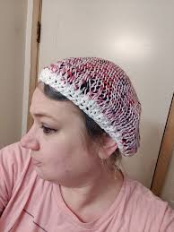 Striped hair net with crocheted brim