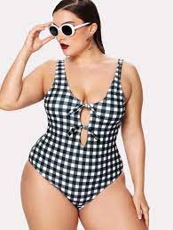 Plus Gingham Knot Front U Back One Piece Swimsuit Women S Plus Size Swimwear Plus Size Swimwear Plus Swimwear