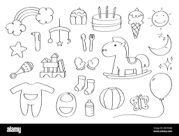 Cute Doodle Baby Accessories Cartoon Icons And Objects Stock Vector Image Art Alamy