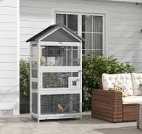 Wooden Bird Aviary, 67" Outdoor Bird Cage with Slide-Out Tray, Three Doors,  Birdhouse, Ladder, Perches for Finches, Parakeets, Gray