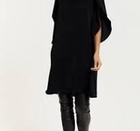 Black V-Neck Tunic Top: Relaxed Fit Split Sleeve Polyester