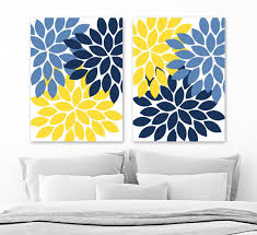 Flower Wall Art Navy Blue Yellow Flower Bedroom Wall Decor Etsy Yellow Wall Decor Blue Wall Decor Flower Bedroom