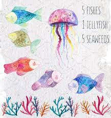 Magic Sea Life Watercolor Set Colorful Jellyfish Sea Life Watercolor Illustration