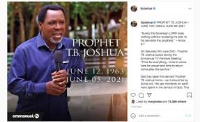 Prophet tb joshua may be absent in the body but he is present in the spirit. Nigeria Tb Joshua Burial Plans Take Shape As Wife Set To Take Over Megachurch Allafrica Com