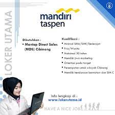 Check spelling or type a new query. Loker Utama Lowongan Kerja Pt Bank Mandiri Taspen Mantap Direct Sales Mds Cibinong Kualifikasi Minimal Sma Smk Sederajat Pria Wanita Maksimal 30 Tahun Memiliki Jiwa Marketing Orientasi Pada Target Penempatan Untuk Wilayah Cibinong Memiliki